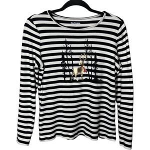 Kim Rogers Womens Medium Reindeer Top Long Sleeve Black/White Stripe